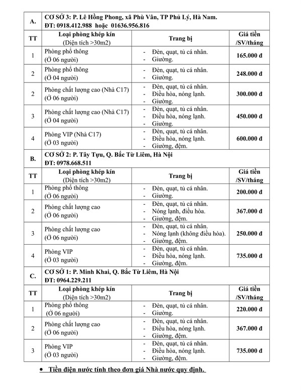 Trung tâm Quản lý Ký túc xá thông báo đơn giá phòng ở Ký túc xá tại 3 cơ sở của Nhà trường, năm học 2018-2019