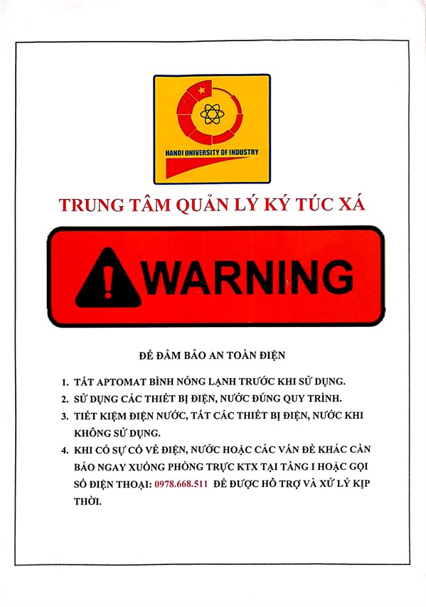 Triển khai các công tác về phòng chống cháy nổ và các quy định sử dụng điện nước an toàn đối với sinh viên ở khu nội trú.