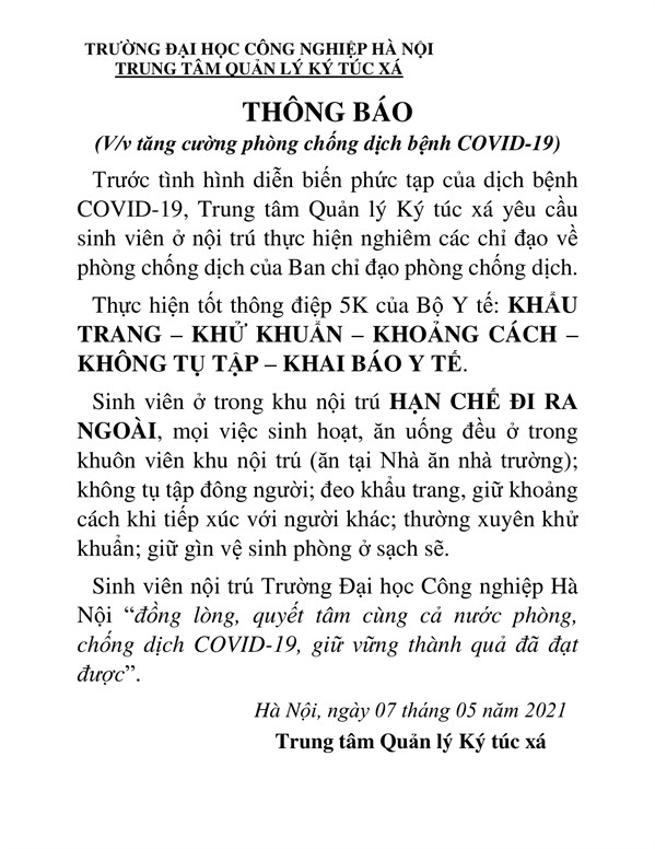 KÝ TÚC XÁ TĂNG CƯỜNG PHÒNG CHỐNG DỊCH BỆNH COVID-19